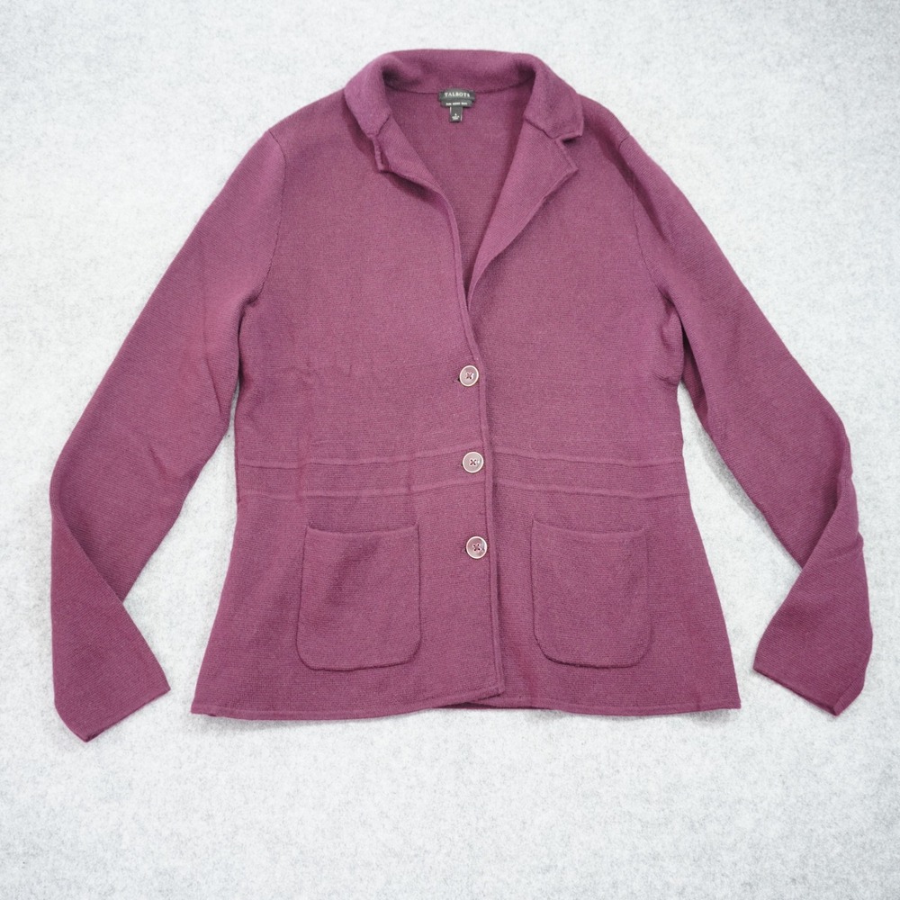 Talbots Size Large Pure Merino Wool Cardigan Blazer Plum Purple Knit Jacket‎